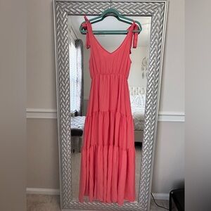 Coral Sleeveless Tiered Maxi Dress with Bow/Tie Straps